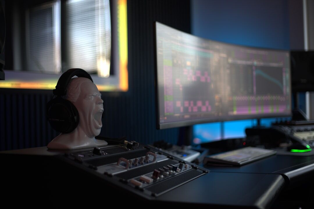 TV journalist presenting news in a modern broadcast studio
